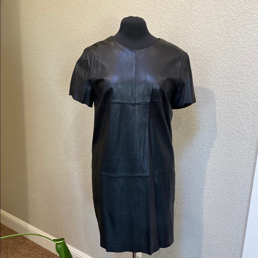NWT Banana Republic Lamb Leather Front Tee Dress in black sz 16